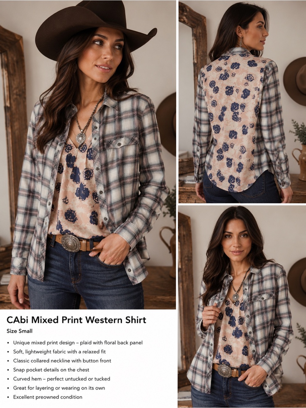CAbi Mixed Print Western Button Down Shirt Size Small Plaid Floral Boho